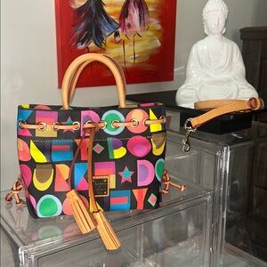 Dooney & Bourke Art Deco Tassel Tote Bag In Black Coated Cotton 10”x 7”x 4” NWOT